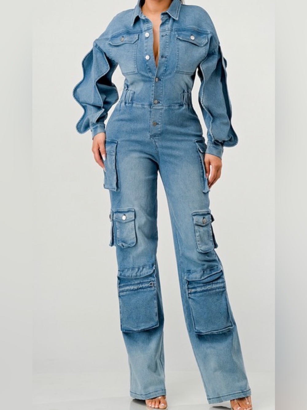 Athina Denim Cargo Jumpsuit Blue Wash Ruffle Sleeve Wide Leg Utility Romper S